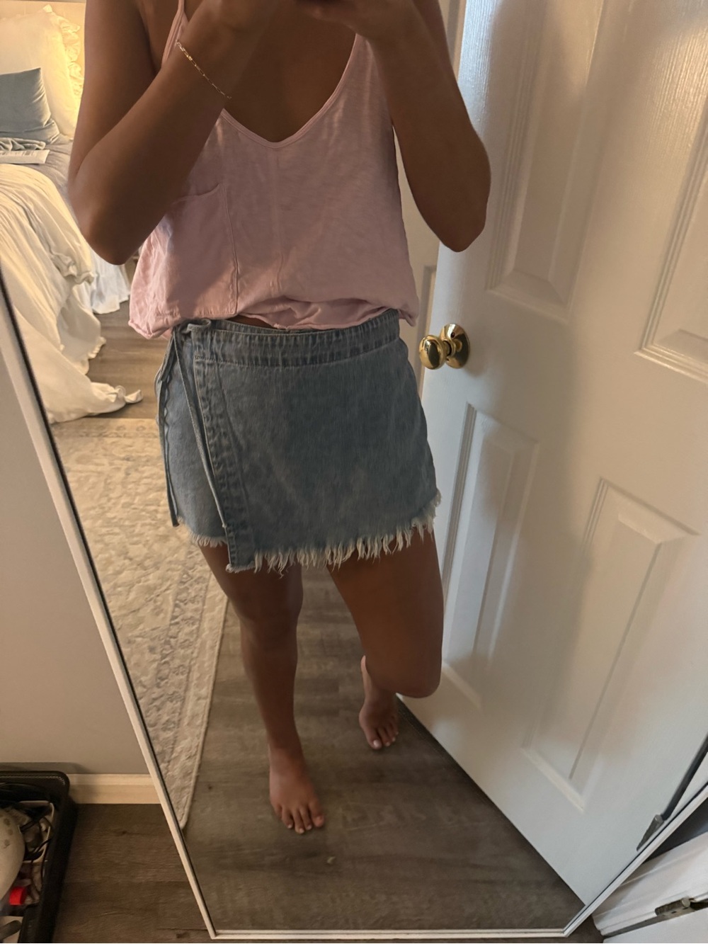 Light Blue Denim Mini Skirt with Frayed Hem